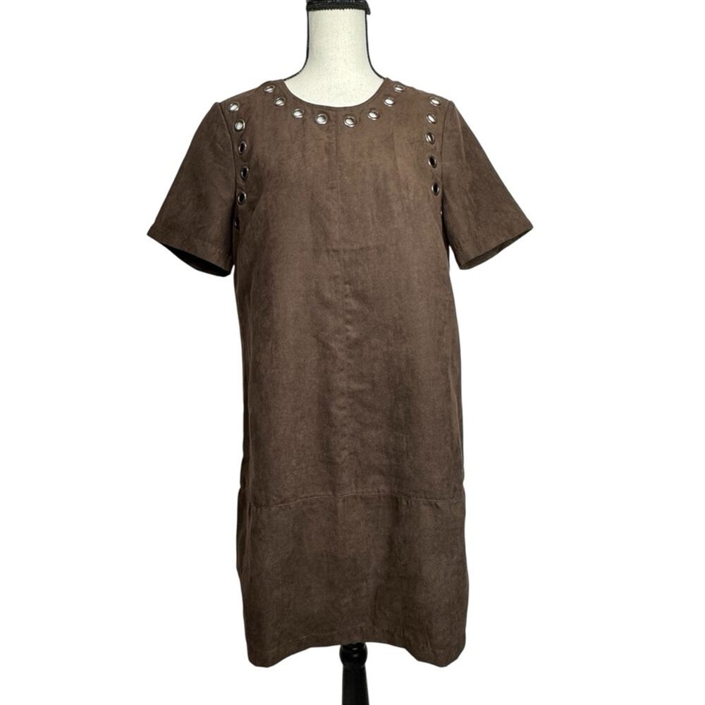 WD.NY Brown Mini Dress with Eyelet Accents Faux Suede Chocolate‎ Moca L